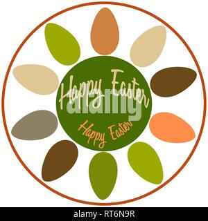 Easter logo. Elements of design and eggs for Easter. Round emblem. Multicolored eggs are arranged in a circle like flower petals. Lettering HAPPY EAST Stock Vector