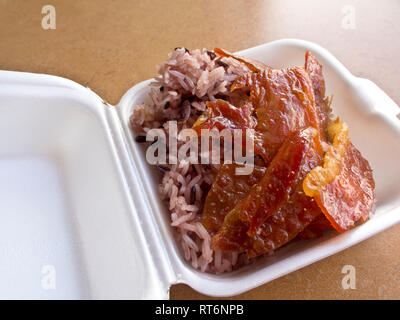 Black Sticky rice and Roast pork in foam box Stock Photo