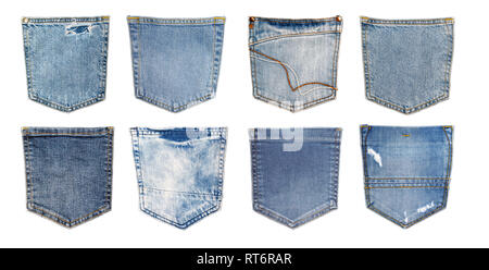 White isolated background with copy space of blue jeans back side pockets Stock Photo