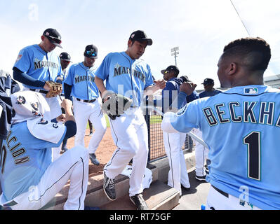 Seattle Mariners starting pitcher Yusei Kikuchi is greeted by teammate Tim Beckham #1 in the dugout after the top of the second inning during a spring training baseball game against the Cincinnati Reds at Peoria Stadium in Peoria, Arizona, United States, February 25, 2019. Credit: AFLO/Alamy Live News Stock Photo