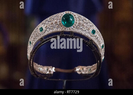 Windsor, UK. 28th Feb, 2019. The Greville Emerald Kokoshnik Tiara, lent to HRH Princess Eugenie by Her Majesty the Queen for her wedding to Mr Jack Brooksbank, will go on public display for the first time with other items from their wedding at Windsor Castle  from 1st March to 22nd April. Other items include Princess Eugenie’s wedding dress created by Peter Pilotto. Credit: Mark Kerrison/Alamy Live News Stock Photo