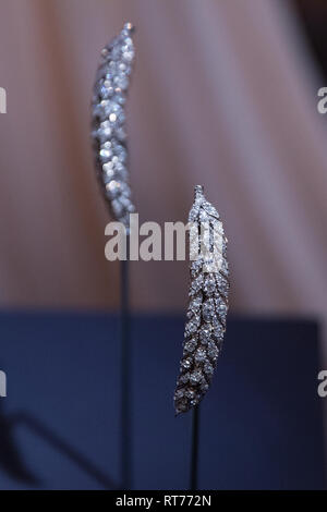 Windsor, UK. 28th Feb, 2019. Two diamond wheat-ear brooches lent by Her Majesty the Queen to HRH Princess Eugenie will go on display at Windsor Castle  from 1st March to 22nd April. The highlights of the exhibition include Princess Eugenie’s wedding dress created by Peter Pilotto and Christopher De Vos of the British-based label Peter Pilotto and the Greville Emerald Kokoshnik Tiara. Credit: Mark Kerrison/Alamy Live News Stock Photo