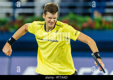 Dubai, UAE. 28th Feb 2019.Hubert Hurkacz of Poland celebrates winning the second set in the quarter final match against Stefanos Tsitsipas of Greece during the Dubai Duty Free Tennis Championship at the Dubai International Tennis Stadium, Dubai, UAE on 28 February 2019. Photo by Grant Winter. Credit: UK Sports Pics Ltd/Alamy Live News Stock Photo