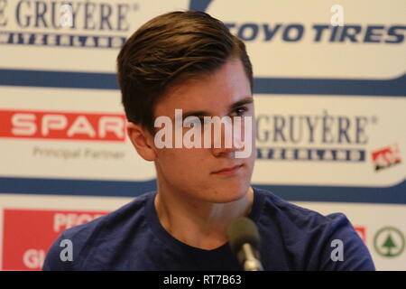 Glasgow, UK. 28th Feb, 2019. Jakob Ingebrigtsen (NOR) - European 1500m and 5000m champion during the opening Press Conference at the European Indoor Athletics Championships 2019 Credit: Ben Booth/Alamy Live News Stock Photo