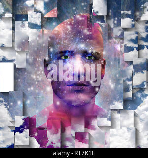 Surreal digital art. Mans head with stars and clouds. Abstract background. Stock Photo