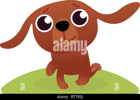 Happy cartoon puppy sitting, Portrait of cute little dog. Dog friend. Vector illustration. Isolated on white background. Funny little corgi walking by Stock Vector