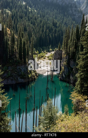 Kaindy Lake and river with sunken forest, Tian Shan Mountains, Kazakhstan Stock Photo