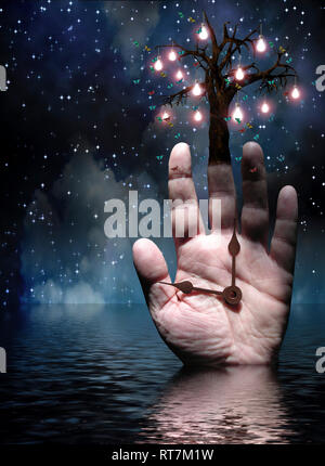 Surreal composition. Hands of Time Tree of Light Stock Photo