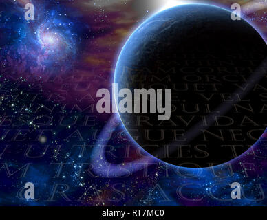 Planet and cosmos. Latin text background Stock Photo