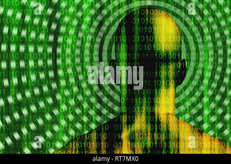 Surreal digital art. Well built man with binary code on a skin. Stock Photo