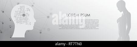 AI Artificial intelligence Concept Digital Network Banner Background Vector with Woman Droid Silhouette Stock Vector
