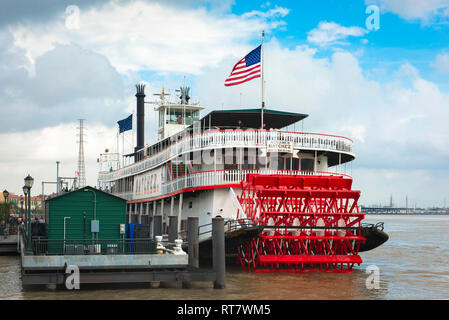Mississippi steamboat, view of the Natchez paddle steamer moored along the Mississippi Riverfront in New Orleans, Louisiana, USA. Stock Photo