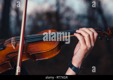 young man playing violin in the autumn forest. Stock Photo