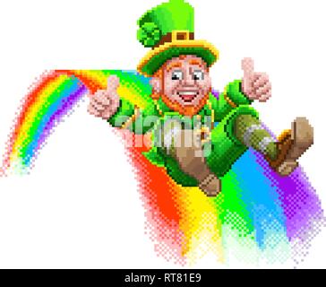 Leprechaun and Rainbow 8 Bit Arcade Game Pixel Art Stock Vector