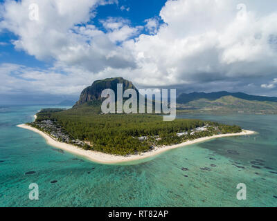 Mauritius, Southwest Coast, Indian Ocean, Le Morne with Le Morne Brabant, aerial view Stock Photo