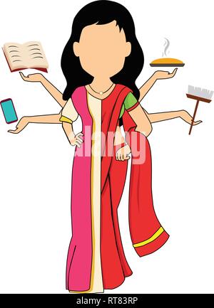 traditional cultural costume woman Vector illustration in super mom concept, many hands working with very busy business Stock Vector
