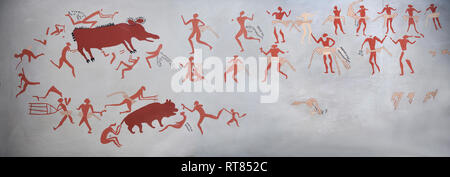 Recontructed fresco of an original found at Catalhoyuk depicting two animals being hunted. The men are wearing what scolars believe were leopard skin  Stock Photo