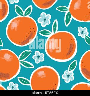 Hand Painted Colorful Abstract Oranges, Flowers and Leaves on Blue Background. Summer Fruits Vector Seamless Pattern. Fresh and Juicy Print. Stock Vector