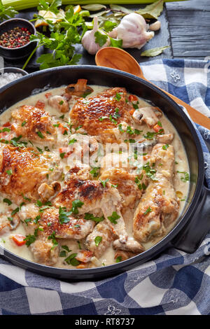 hot chicken fricassee in a black dutch oven - chicken meat browned and stewed in white wine cream sauce with mushrooms and vegetables, authentic frenc Stock Photo