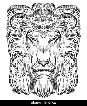 Ancient stone bas-relief in the shape of a lion head, vector hand drawing illustration in black color isolated on white background. Stock Vector