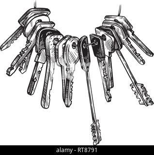 sketch hand drawn bunch of keys on white background vector illustration Stock Vector