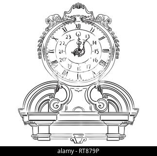 Ancient carving clock, vector hand drawing illustration in black color