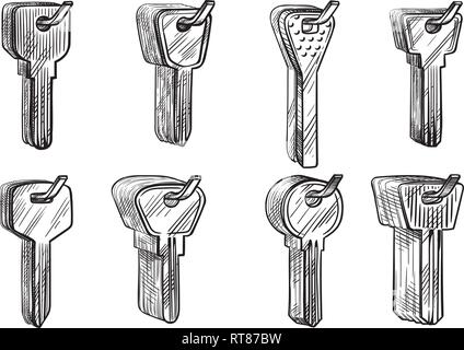 sketch hand drawn texture key blanks locksmith workshop vector illustration Stock Vector