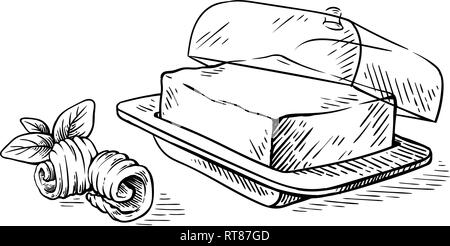 Butterbread Drawung sketch hand drawn Butter curls in bowl and bread vector illustration ...