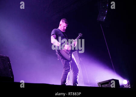 Norway, Oslo - February 3, 2019. The American metal band Mastodon performs a live concert at Oslo Spektrum in Oslo. Here guitarist Bill Kelliher is seen live on stage. (Photo credit: Gonzales Photo - Terje Dokken). Stock Photo