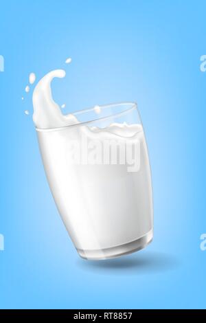 flow cow milk crown splash closeup cup glass blue background vector illustration Stock Vector