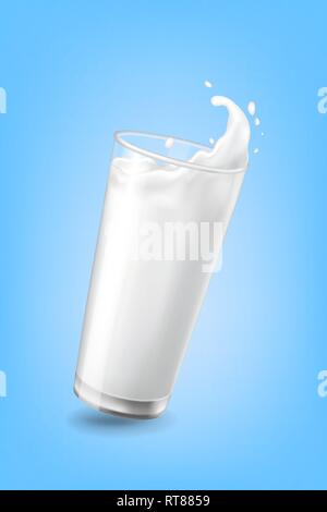 flow cow milk crown splash closeup cup glass blue background vector illustration Stock Vector