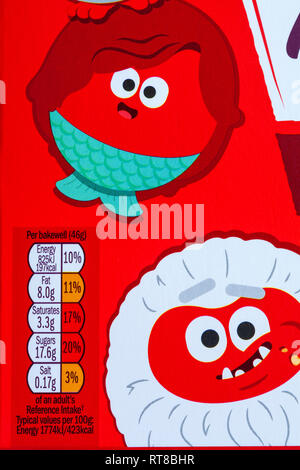 Nutritional information on box of Mr Kipling 6 cherry bakewells exceedingly good cakes - special edition for comic relief red nose day Stock Photo