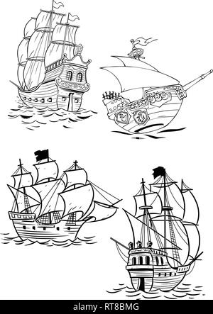 In the illustration, a set of vintage sailing frigates in a cartoon style, isolated on a white background, with a black outline. Stock Vector