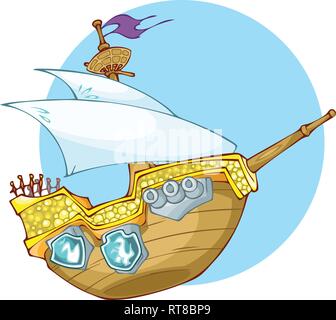 The Illustration showes old woooden pirate's boot. Wooden ship have one mast and three cannons on the board. The illustration done in cartoon style. Stock Vector