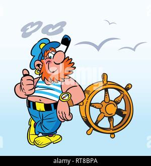 In vector illustration, a cartoon captain with a pipe stands at the helm of the ship. Isolated on white background. Stock Vector