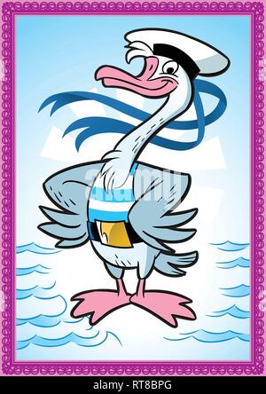 The illustration shows a goose sailor  in a naval uniform. Illustration done in cartoon style. Stock Vector