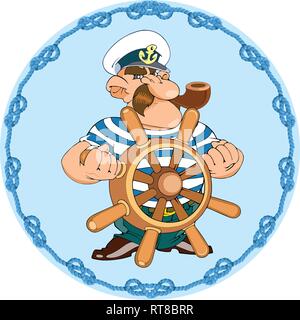 In vector illustration, a cartoon captain with a pipe stands at the helm of the ship. Stock Vector