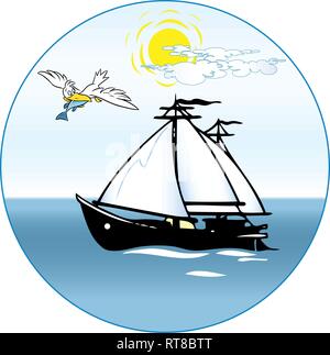 In the illustration, a cartoon ship sailing boat goes into the sea, a large bird flies nearby with prey Stock Vector