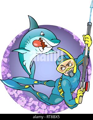 Underwater swimmer hunts for a shark with a harpoon Stock Vector
