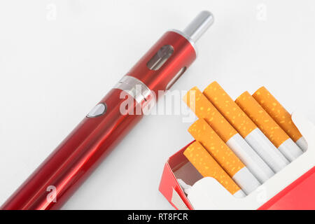 e cigarette and one open box of tobacco cigarettes Stock Photo