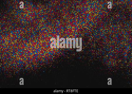 Colored Halftone Texture On Black Background. Fade Explosion Of Confetti. Modern Colorful Dotted Futuristic Backdrop. Digitally Generated Image. Pop A Stock Vector
