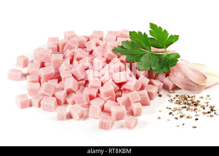 Cooked Ham Cubes on white Background Stock Photo