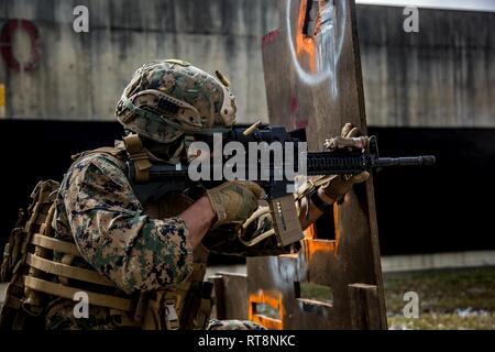 Marines with 3rd Reconnaissance Battalion, 3rd Marine Division, practice live-fire barricade drills on Camp Hansen, Okinawa, Japan, Jan. 29, 2019. The training is designed to improve the unit’s reaction to fire between small openings in walls, as well as to improve overall mission readiness. Stock Photo