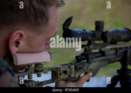 Petty Officer 3rd class Brandon Thieleman with 1st Battalion, 3rd Marines, currently attached to 3rd Marine Division, sights in with an M-40 on Camp Hansen, Okinawa, Japan, Jan. 29, 2019. The training is designed to improve the unit’s effectiveness with the rifle. Stock Photo