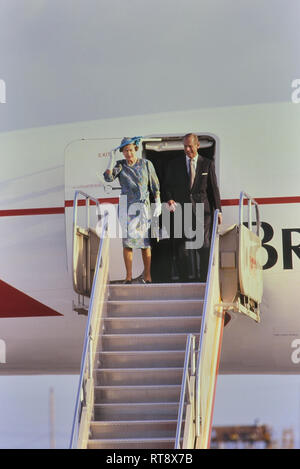 Queen Elizabeth II and The Duke of Edinburgh arrival at Grantley Adams International Airport, Barbados on Concorde for a Royal tour 8-11th March 1989 Stock Photo