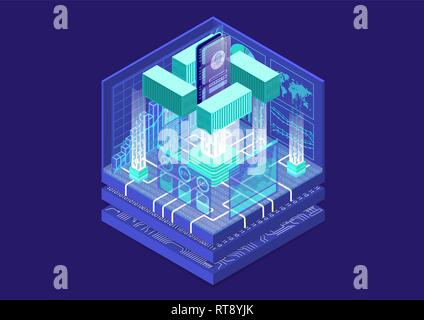 Application containerization and modular software development concept with symbol of smartphone and containers as isometric vector illustration. Stock Vector