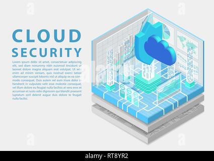 Cloud computing security concept with symbol of floating cloud and shield as isometric 3d vector illustration. Stock Vector