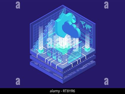 Cloud computing security concept with symbol of floating cloud and shield as isometric 3d vector illustration. Stock Vector