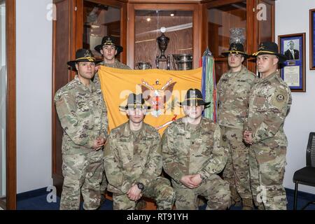 Soldiers assigned to the Palehorse Troop, 4th Squadron, 2d Cavalry Regiment, pose for a team photo as they prepare for the 2019 Gainey Cup in Vilseck, Germany, Feb. 5th, 2019. The 2019 Gainey Cup, also known as “The Best Scout Squad Competition,” will test the U.S. Army’s best reconnaissance squads’ proficiency in reconnaissance and scout doctrine at Fort Benning, Georgia. Stock Photo