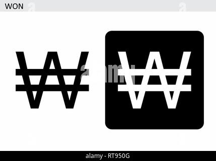 South Korean Won currency symbol. Black and white illustration. Stock Vector